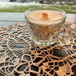 Hand Poured Soy Candle Upcycled Vintage Cup and Vintage Glass BeadCharm “Winter”